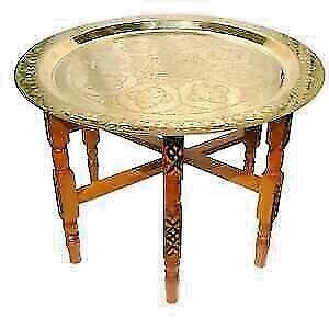 Handmade Moroccan Round Brass Tray Tea Table with folding Wood Stand Thuya Wood