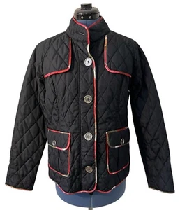 Pamela McCoy Mist Black Quilted Red Trim Button Up Jacket Preppy Nautical Golf S - Picture 1 of 12