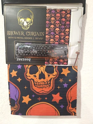 HALLOWEEN Orange Purple Skulls Colorful Fabric Shower Curtain & Rings 70" x 72" - Image 1 of 3