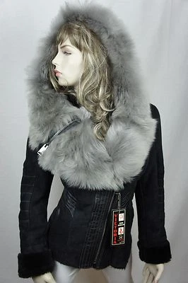 Mujeres 100% Real Piel de Oveja Gamuza Cuero Toscana Capucha Chaqueta Abrigo S-5XL Foto 1 de 4