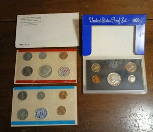 1970 Proof Set (5 coins) & 1970 Uncirculated Set (10 coins) 40% SILVER Halves. - Picture 1 of 5