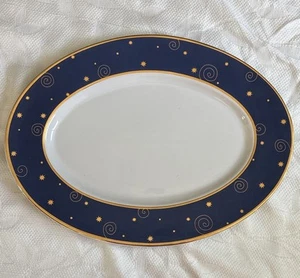 Starlight Sakura 21” Oval Serving Platter 14kt Gold Stars Cobalt Blue Hallmark - Picture 1 of 7