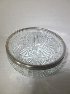 Vintage Cut Etched Glass 8” Bowl With Silver Plate Rim Made In England - Picture 1 of 11