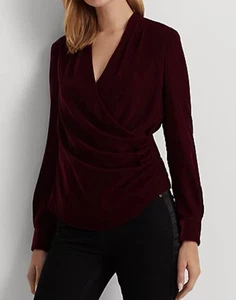 Blusa Lauren Ralph Lauren plissettata velluto surplice profonda rodonite taglia 8 nuova senza etichette - Foto 1 di 9