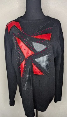 Suéter De Colección Lana Angora Damas Negro Manga Larga Cuero Parches Manga Abullonada Talla L Foto 1 de 4