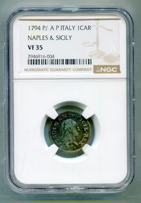 Naples & Sicily Italy state Carlino 1794P/ A P  NGC VF 35 very scarce lotnov3633 - Image 1 of 2