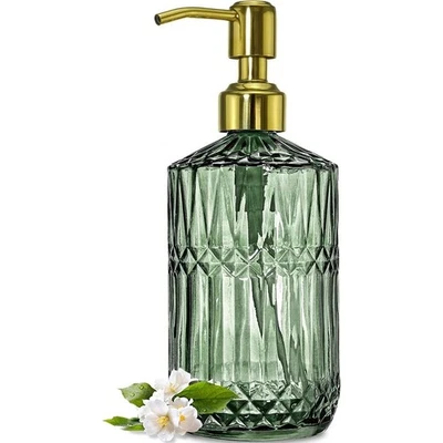 Elegant Glass Soap Dispenser Diamond Cut Design W/ Golden Pump Bathroom Kitchen - Image 1 of 4