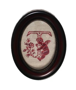 Cherub & Letter T Monogram Finished Cross Stitch Framed Completed in Oval Frame - Picture 1 of 5