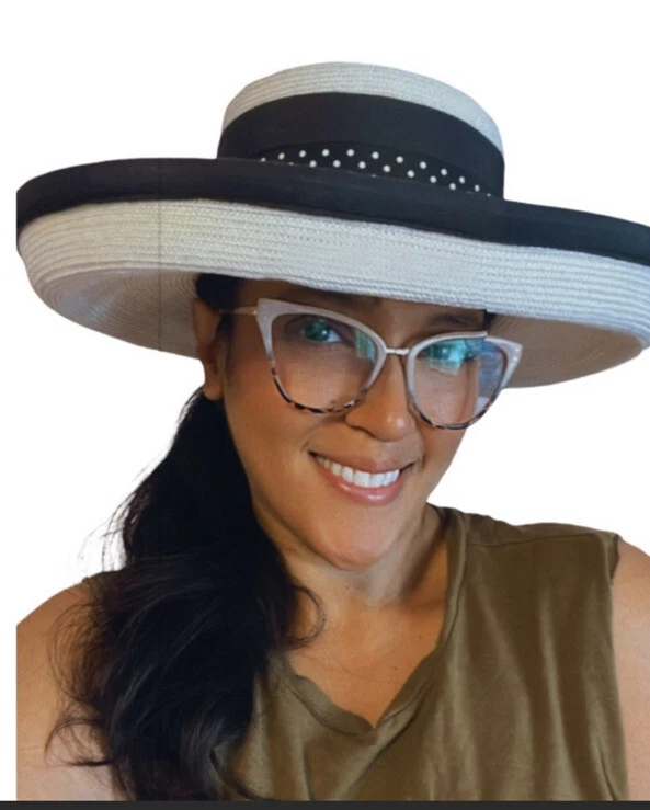 Vintage Kokin New York Black & White Straw Hat with Polka Dot Large Bow - Image 1 of 4