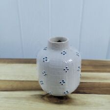 4" Flower Vase Bohemian Style Beige with Blue Floral Pattern Crosshatch Textured