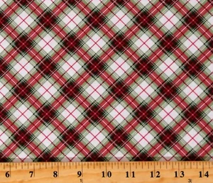 Cotton Diagonal Plaid Red Green White Silver Fabric Print by the Yard D400.38 - Picture 1 of 1
