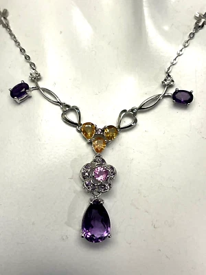10K White Gold Amethyst and Sapphire, Diamonds Necklace, 18" Long, 6 Grams - Image 1 of 4