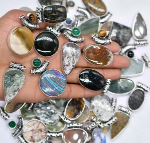 Natural Gemstone Pendant, Silver Plated Pendant, Mix Cabochon Pendant - Picture 1 of 4