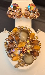 Juego de Pendientes Broche Vintage Blanco Ámbar Topacio y Gris Ombre Cabujón Estrás - Imagen 1 de 21