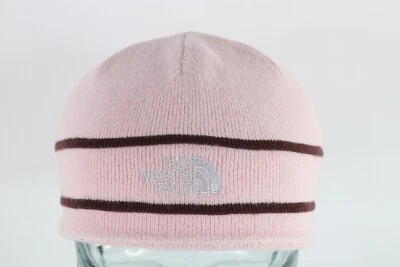 Винтажная зимняя вязаная шапка-бини The North Face с надписью в полоску розовая - Изображение 1 из 4