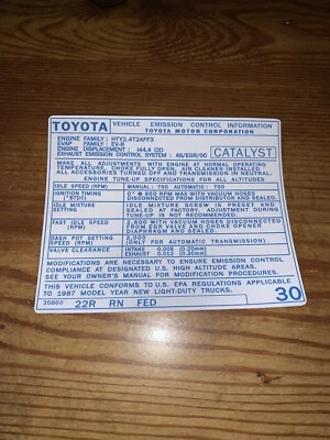 Toyota 1987 camioneta pickup/4runner información de emisiones calcomanía repro pegatina FED 22R #30 Foto 1 de 2