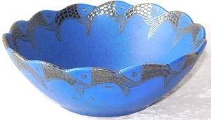 Vtg Mexico Emilia Castillo Koi Fish Sterling Silver Blue Pottery Bowl 9 1/2" - Picture 1 of 10