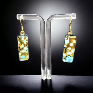 Orecchini pendenti vintage vetro artistico Murano turchese lamina oro millefiori gancio - Foto 1 di 7
