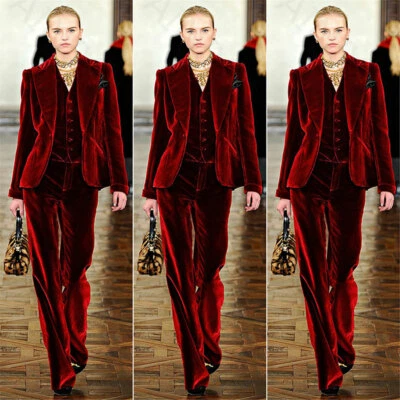 Trajes de pantalón de terciopelo rojo vino para mujer oficina negocios ropa de trabajo formal trajes de 3 piezas Foto 1 de 4