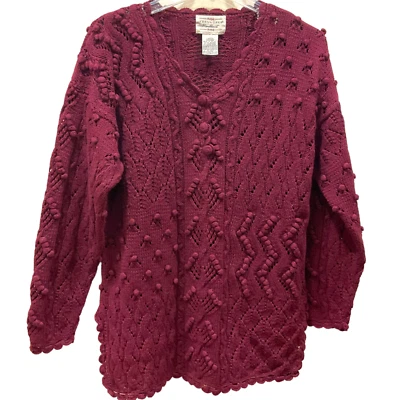 HAND KNIT YARNWORKS Pullover Sweater Cable Maroon Purple Size L Knobby Aran - Image 1 of 4