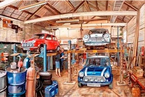 Austin Morris Mini Cooper Classic Car Garage Workshop Tarjeta de cumpleaños - Imagen 1 de 1