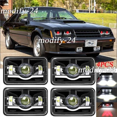 4x Fit Ford Mustang 1979-1986 4x6" Square LED Headlights Hi/Lo DRL Red Demon eye - Image 1 of 4