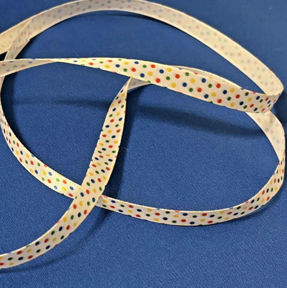 Offray Ribbon 3/8" Multi Color Polka Dots White Satin Ribbon 100 yds Spool - Image 1 of 3