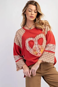 EASEL CLOTHING COTTON TERRY KNIT TOP MIX-N-MATCH HEART PATCH CRIMSON- LARGE - Picture 1 of 1