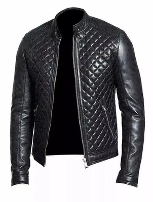 Men's Black Quilted Slim Leather Jacket Biker Style Real Lambskin Leather Jacket - Image 1 of 3