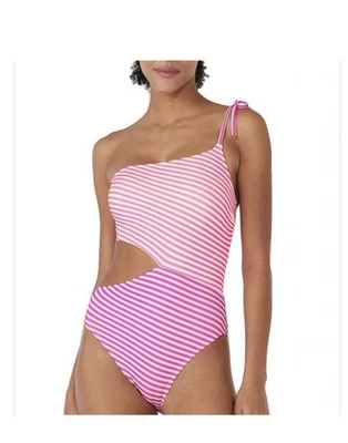 NWT Kate Spade One Shoulder One Piece Swimsuit - Ringmaster Stripe Pink Med - Imagem 1 de 3