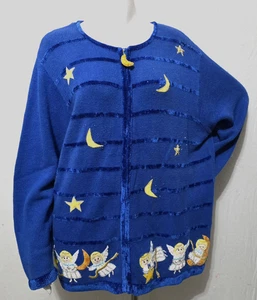 Vtg Quacker Factory 1X Christmas Sweater Angels Zip Cardigan Blue Embellished - Picture 1 of 7