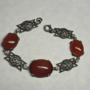 Gliederarmband Sterlingsilber 925 rotbraun Stein & Markasiten 6 Zoll - Bild 1 von 4