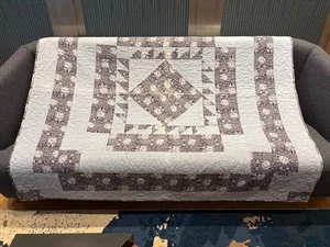 Faded Handmade Quilted Throw Neutral Floral Tones Light Blue Gray Black 64x68in - Picture 1 of 12