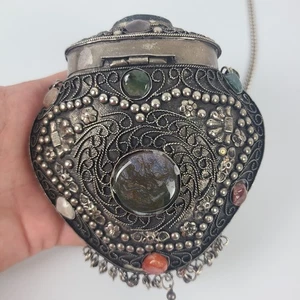 Vintage Ethnic Sajai Silver Tone Metal Purse With Natural Stones - Picture 1 of 15