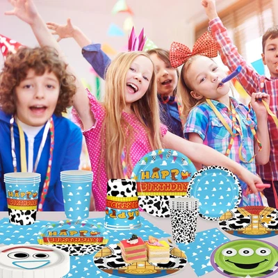 120 Piezas Juguete Cumpleaños Platos Servilletas Cuento Fiesta Suministros Dibujos Animados Taza Desechable Foto 1 de 4