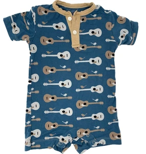 KicKee Pants Newborn NB Baby Boys Teal Guitar Print Bamboo Short Henley Romper - Picture 1 of 6