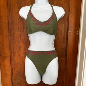 NWT Aerie Halter Voop Bikini Top Cheeky Bottom Olive Fun Green Pink XL - Picture 1 of 10
