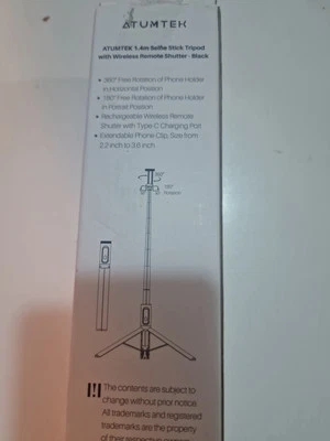 ATUMTEK 1.4m Selfie Stick Tripod with Wireless Remote Shutter - Black - Image 1 of 3