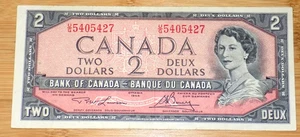 VINTAGE KANADA BANKNOTE 1954 2 DOLLAR PREFIX UG 2 $ Canadian Bank 50's Era Note - Bild 1 von 2