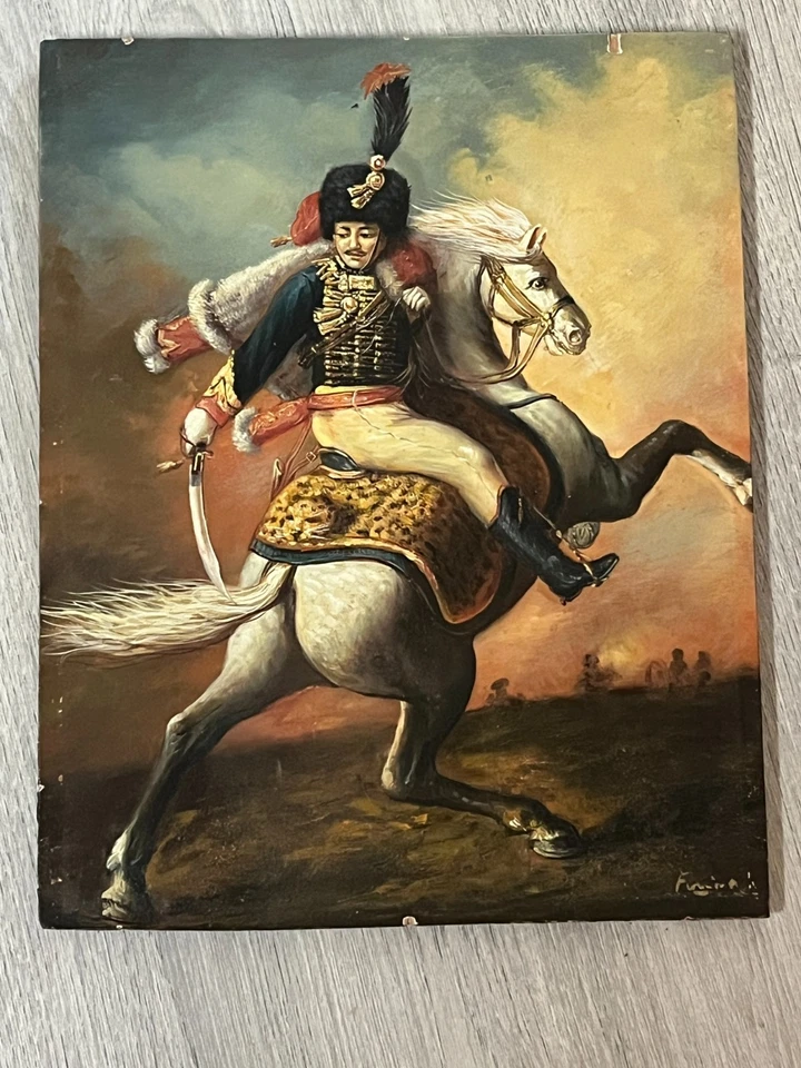 HUILE SUR PANNEAU " HUSSARD CAVALIER NAPOLEON BATAILLE " - Photo 1/1
