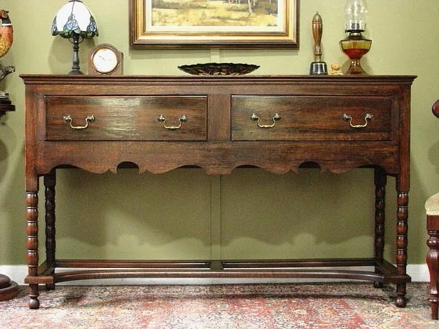 ANTIQUE OAK 2 DRAWER DRESSER BASE/SIDEBOARD/SIDE TABLE ~ BOBBIN TURNING   c1900s - image 1 of 4