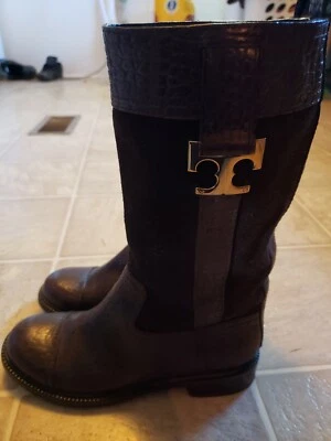 Mujer Tory Burch Corey Botas Media Pantorrilla Zapato Talla 7 M Cuero Marrón Pull On C10 Foto 1 de 4