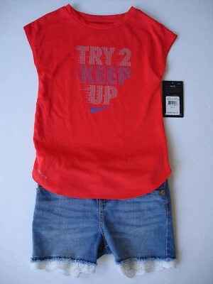 Girl 6 Outfit - NWT Nike Tee and Cat & Jack Denim Short with Lace trim bottom - Image 1 of 4