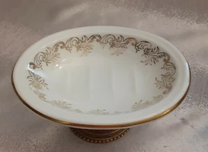 White Ceramic Soap Dish Gold Scroll Design and Gold Plated Pedestal 3" - Picture 1 of 9