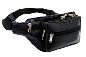 Large Black Leather Waist Bum Bag Money Belt Fanny Pouch Holiday Travel Wallet - Picture 1 of 5