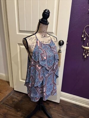 Pink Blue Sleeveless Dressy Blouse Baggy Drape Layered Flutter XL 44” 27” - Image 1 of 4