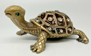 Brass Turtle Trinket Box, has green eyes and Brown enameled shell rhinestones - Picture 1 of 7