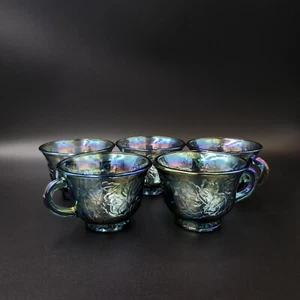 Vintage Blue Carnival Iridecent Glass Punch Cup W Handle Grape & Leaf (Set Of 5) - Bild 1 von 14