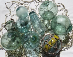 GALLEGGIANTI da Pesca VETRO GIAPPONESE (9) Miste Tonalità/Taglie Strane Uniche Antiquariato USA BZ - Foto 1 di 13