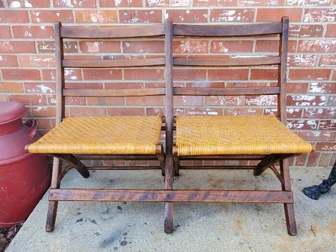 Vintage Double Wooden Folding Chair Oak Woven Wicker Seats #3 Cover